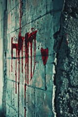 A wall with red paint splatter is shown. The paint appears to be fresh and partially dripped down the surface