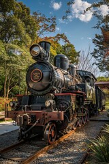 Obraz premium An old-fashioned steam locomotive is moving along the tracks at a railway station, showcasing the classic design and mechanics of early transportation