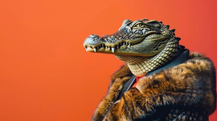 Obraz premium Stylish alligator in faux fur jacket on orange background