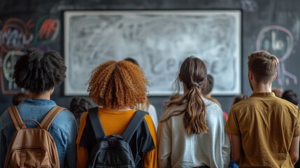 Obraz premium A group of people standing in a line with backpacks, AI