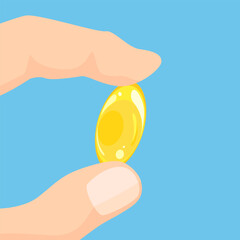 Hand holding Fish oil capsule. Dietary supplements concept. Vector cartoon illustration.