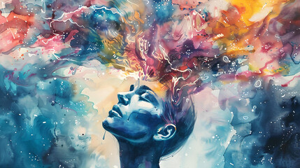 Human consciousness, Dynamic watercolor painting of a face looking upward, with an explosive blend of cosmic and vibrant colors surrounding the visage.