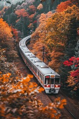 Fototapeta premium A train travels through a dense forest filled with tall trees and colorful autumn foliage. The locomotive moves steadily on the tracks surrounded by natures greenery