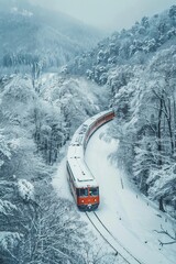 A train is seen making its way through a dense forest covered in snow. The locomotives smoke blends with the wintry landscape as it chugs along the tracks, leaving a trail in its wake
