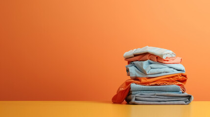 stack of neatly folded colorful clothes on vibrant orange background for laundry advertisements, with a copy sapce for text