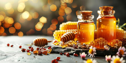 Honey in bottles and honeycombs on a dark background with bokeh and copy space. Beekeeping products.