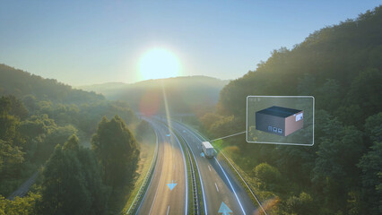 Satellite-controlled truck drives with parcel cargo on digital highway. Modern postal system,...