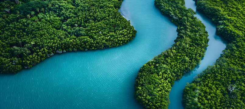 A birda??s-eye view of a winding mangrove river leading to the ocean, the turquoise water contrasting with the dense green canopies