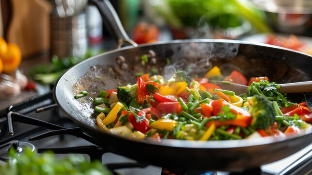 Stir fry vegetable in wok, Panorama photo