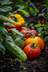 A neat row of ripe red tomatoes and vibrant green cucumbers growing in a well-tended vegetable garden. Sunlight illuminates the crops as they thrive in the fertile soil