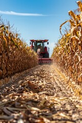 A VetalVit tractor is harvesting ripe corn under a clear blue sky in a vast field. The tractor moves steadily through the tall corn stalks, leaving a trail of cut corn in its wake