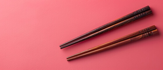 elegant dark wooden chopsticks on soft pink background for culinary presentation, with copy space for text