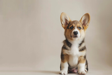 A funny corgi puppy sits on a beige background and looks straight ahead with curiosity.
