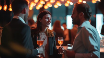 A group of professionals networking at a business conference cocktail hour.
