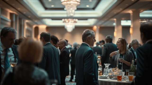 A group of professionals networking at a business luncheon in a hotel ballroom.