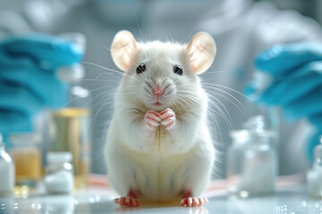 White laboratory rat with different pills on a light background. Close-up.