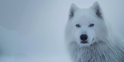 Obraz premium A good quality close-up photo of a cute Samoyed looking forward against a light background on the right. Advertising banner.