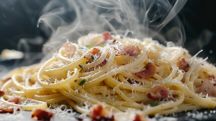 The steam from spaghetti Carbonara pasta. Spaghetti with pancetta, egg, parmesan cheese and cream sauce. Traditional italian cuisine - homemade healthy pasta on dark background. hot food concept