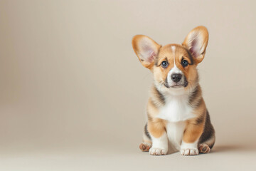 A cute, funny corgi puppy sits on a beige background and looks straight ahead with curiosity.
