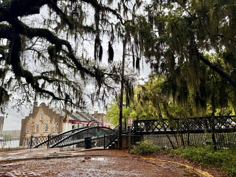 Metal walking bridge over Factors Walk on the Historic Savannah Waterfront