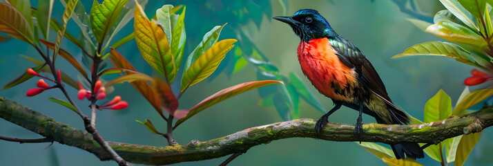 A close-up of a colorful jungle bird perched on a branch, surrounded by dense green leaves, showcasing its vivid plumage in sharp detail