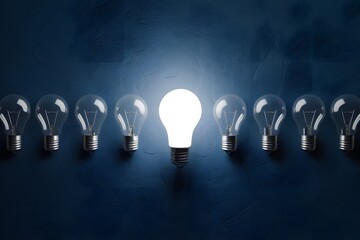 One shining light bulb surrounded by others in a deep blue backdrop.