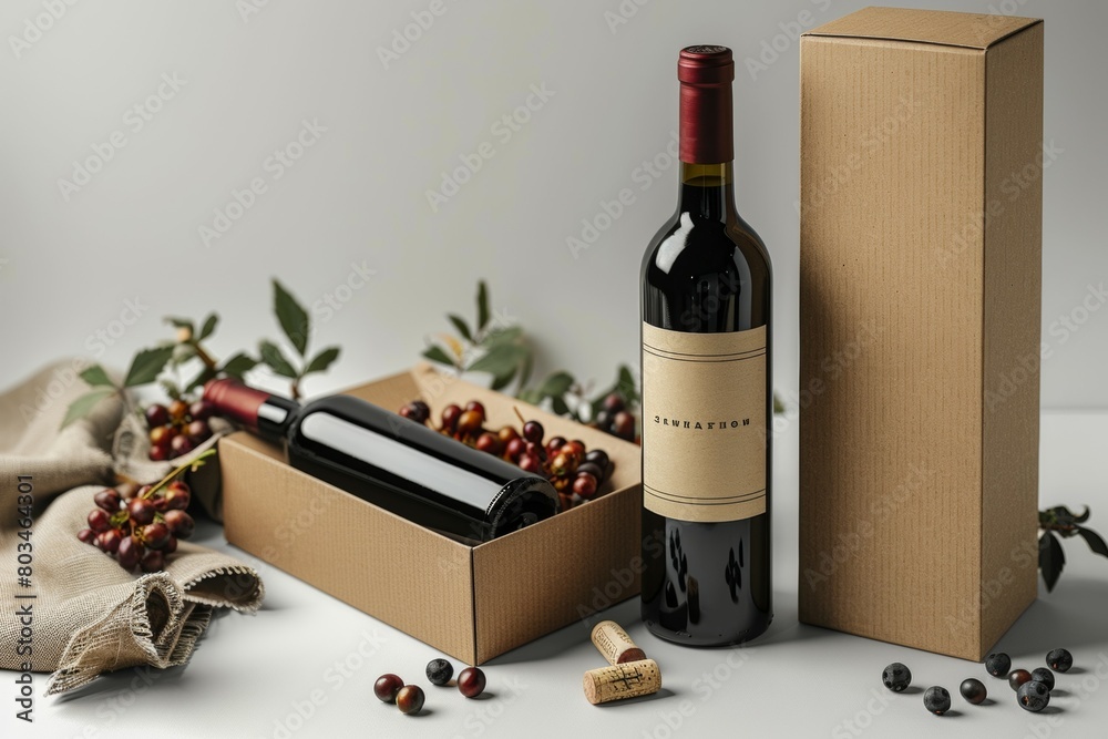 Canvas Prints A bottle of wine is next to a cardboard box with a label