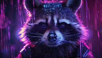 Raccoon Reverie: Portrait of a Raccoon in the Rain Amidst Purple Light and Cinematic Raindrops