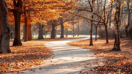 A delightful park path adorned with maple trees extends to the center. Concept Autumnal Scenery, Park Path, Maple Trees, Delightful Setting