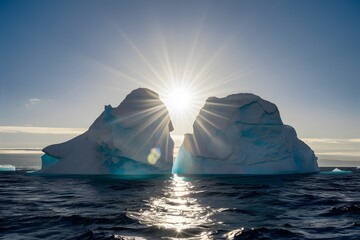Majestic iceberg in ocean under sunlight against clear sky showcases polar beauty.