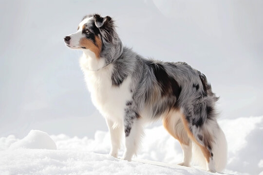 The graceful silhouette of an Australian Shepherd stands out against a white background. Her graceful facial features, bright coat and look, complete confidence, attract attention