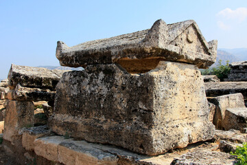 Public tombs in ancient city Hierapolis ruins in Pamukkale, Turkey.
