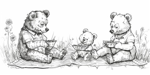 Father and mother bears with their kid sits at grassy lawn eating food. Cute summer picnic black and white illustration of toy bear family.
