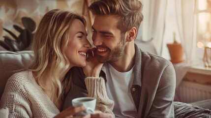 Beautiful young happy couple enjoying coffee at home on sofa