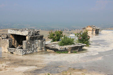 A sarcophagus from the necropolis of the ancient city of Hierapolis on the Pamukkale travertines,...