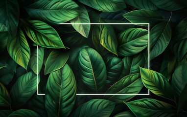 Fototapeta premium A green leafy background with a white frame. dark green leaves on a neon frame background, positioned under the photo in the center