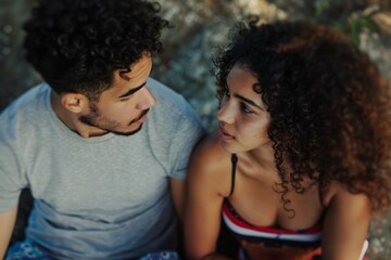 A man and a woman are sitting on the ground, looking at each other