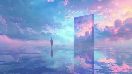 A person in contemplation before a vibrant, iridescent door standing alone in a tranquil, reflective waterscape with pastel skies.