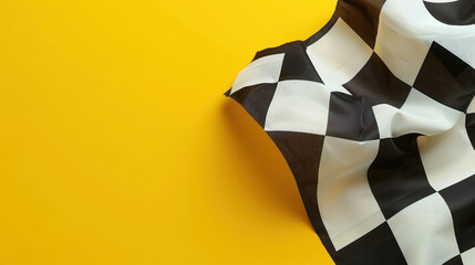 sporty checkered race flag in motion on bright yellow background symbolizing speed and competition, with copy space for text