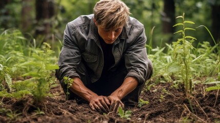 Man Kneeling in Forest Clearing
