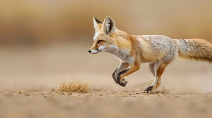 Fototapeta premium A desert fox captured in motion, its fur details and agile movement highlighted against the sparse desert background