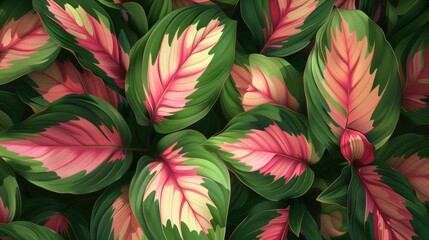 Calathea couture romantic floral showcase display background for women skincare and beauty products generative AI tropical leaves banner with green and pink floral pattern