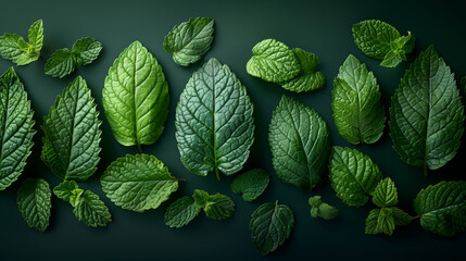 A row of green leaves are arranged in a pattern on a dark background. The leaves are all different sizes and shapes, but they all have a similar color and texture. Leaves that represent health