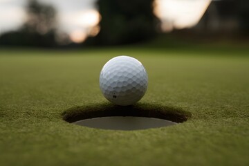 Obraz premium Golf ball on edge of hole, intense focus, anticipation for decisive shot.