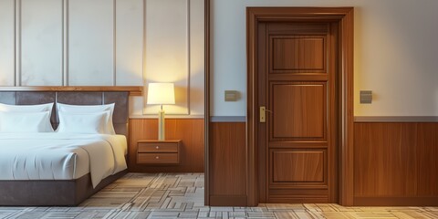 hotel room with bed sitting next to a wooden door and a lamp on a table next to a bed