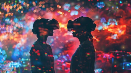 Two people engrossed in a virtual reality simulation with colorful digital background.