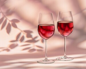 Refraction of light and shadow through glasses of red wine Light passing through crystal glass Caustic effect Minimal autumn concept with wine on a light background , pastel