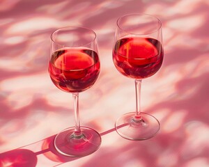 Refraction of light and shadow through glasses of red wine Light passing through crystal glass Caustic effect Minimal autumn concept with wine on a light background , pastel