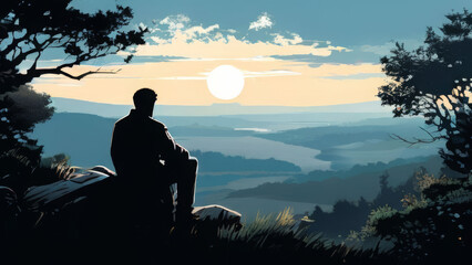 the silhouette of a solitary man seated in quiet contemplation, his posture relaxed and thoughtful against a serene landscape