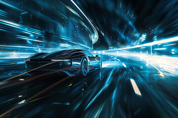 An electrifying composition showcasing a high-speed car slicing through the darkness of the night,...